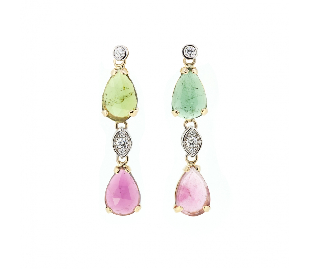 Gold stud earrings with tourmalines and diamonds - 1