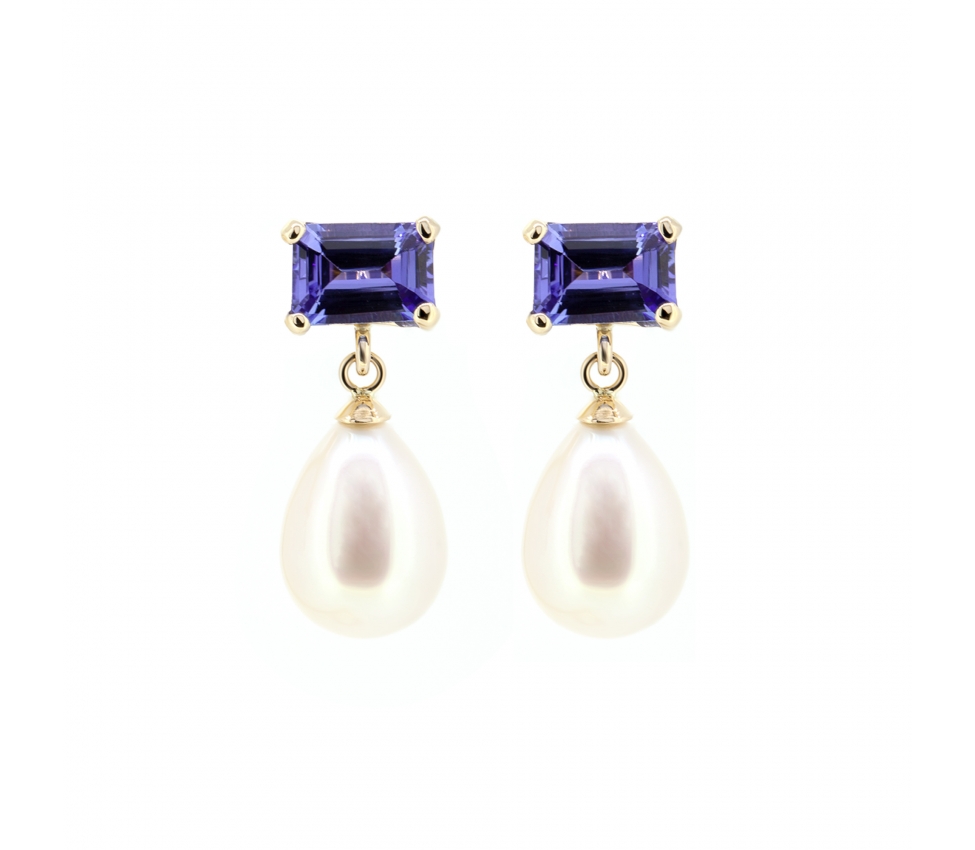 Gold stud earrings with pearls and tanzanites - 1