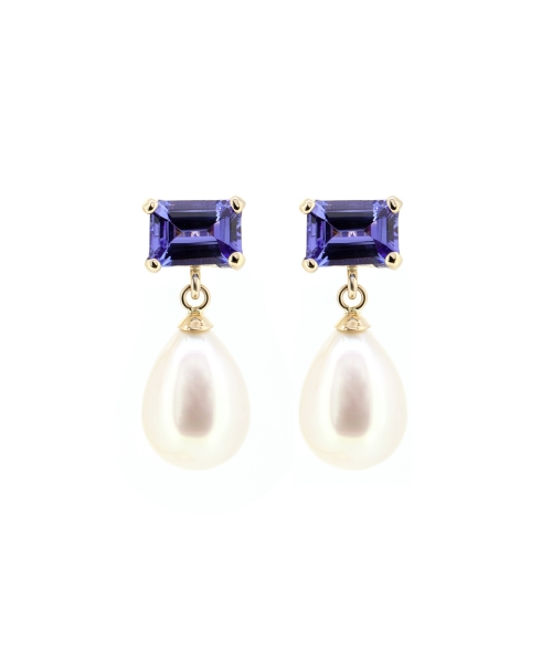 Gold stud earrings with pearls and tanzanites - 1