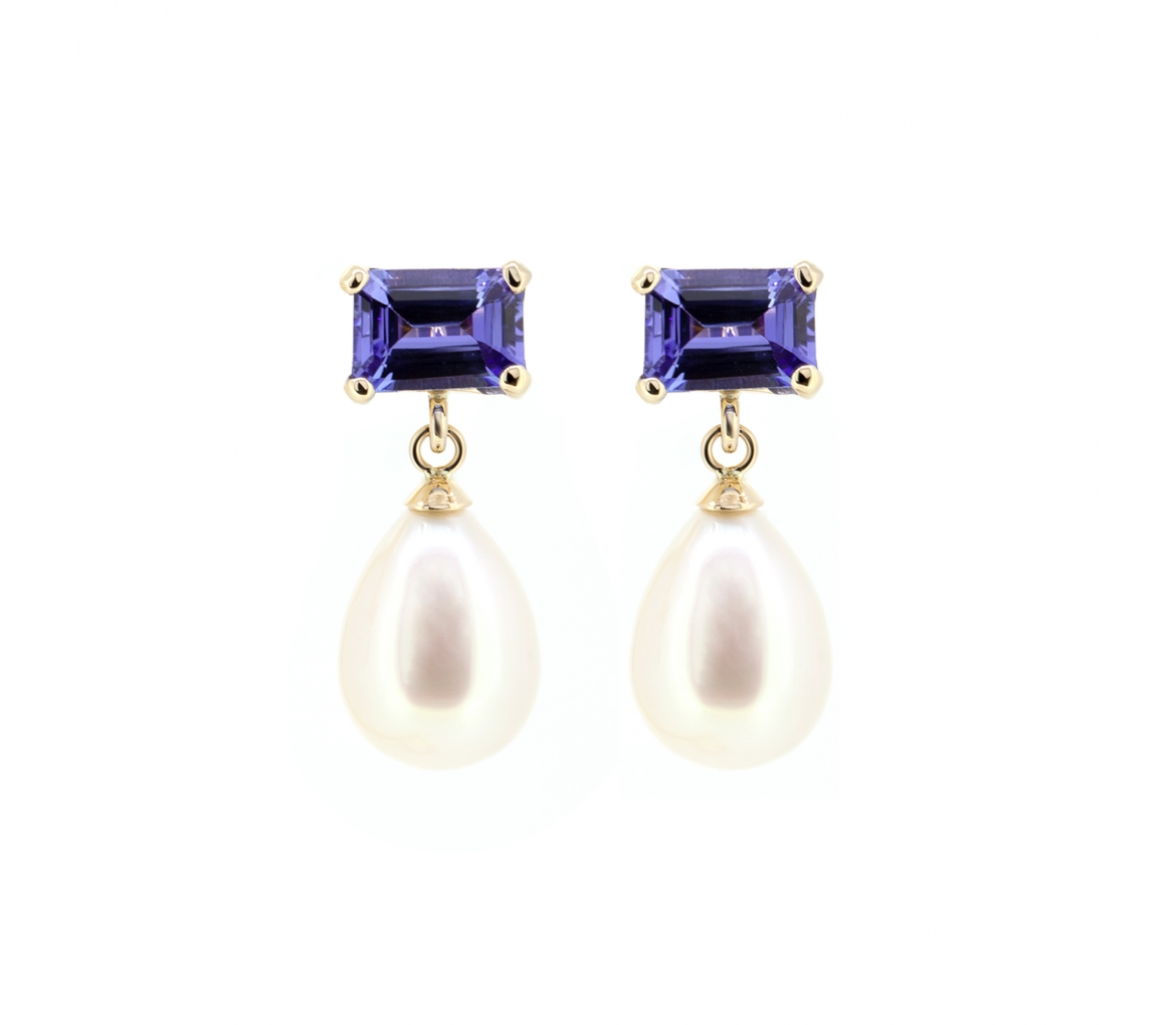 Gold stud earrings with pearls and tanzanites - 1