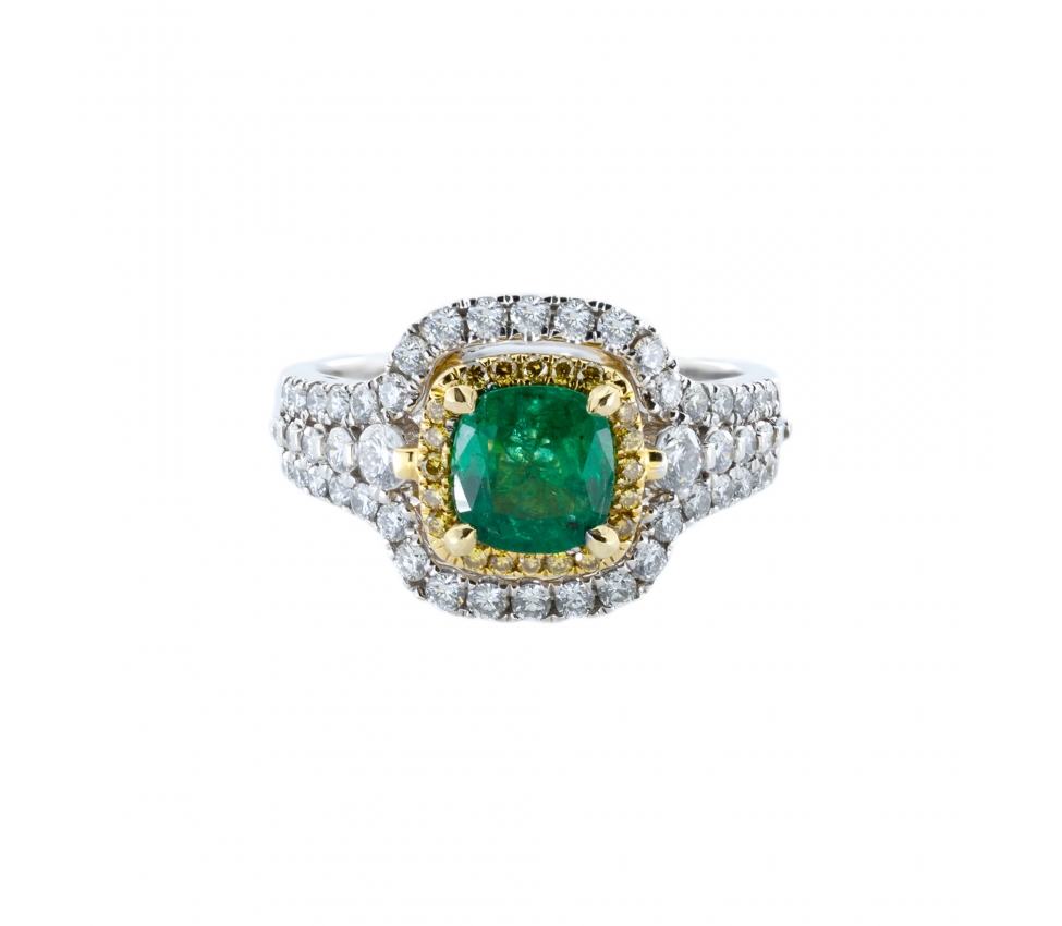 Gold emerald and diamond ring - 1