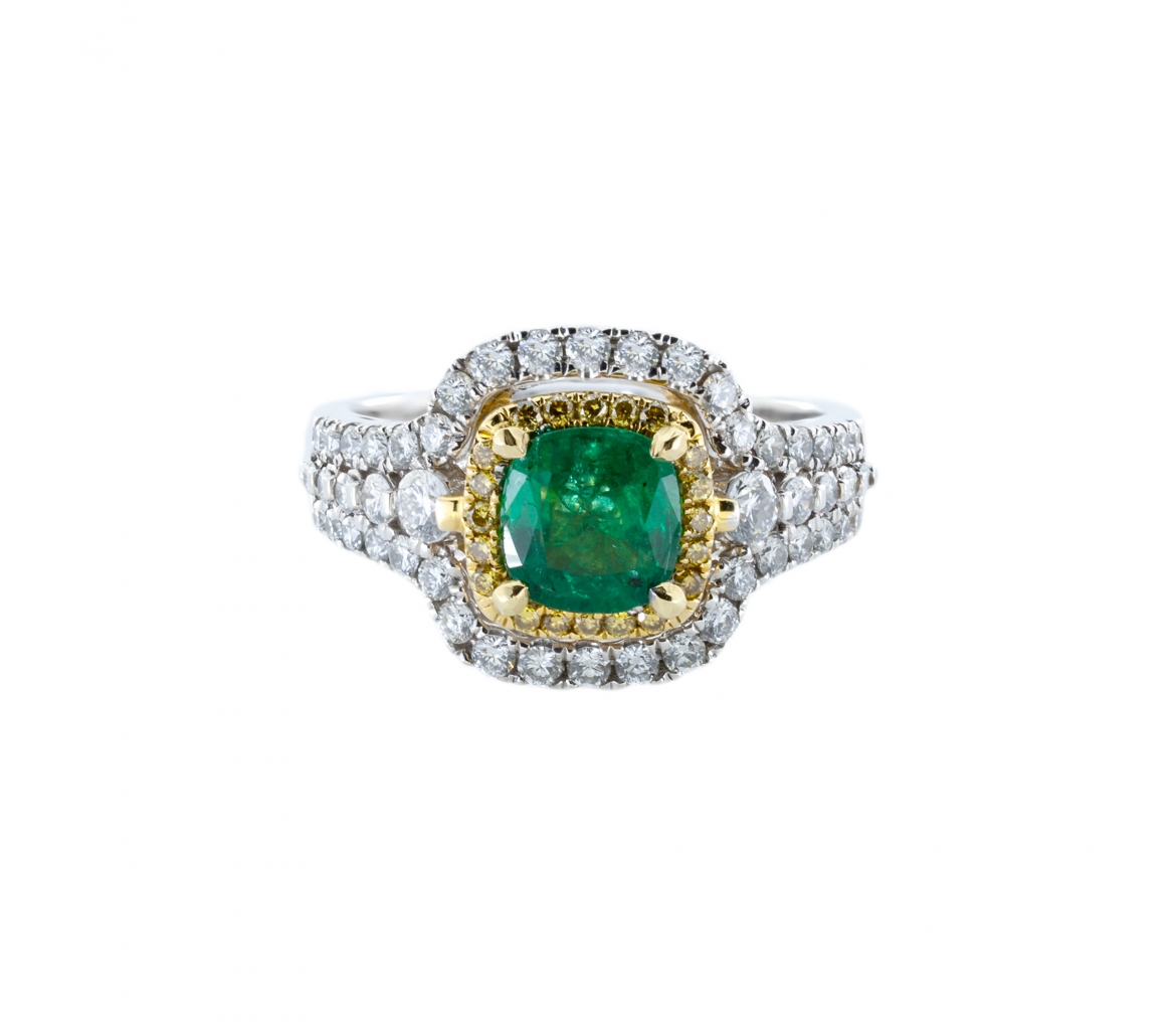 Gold emerald and diamond ring - 1