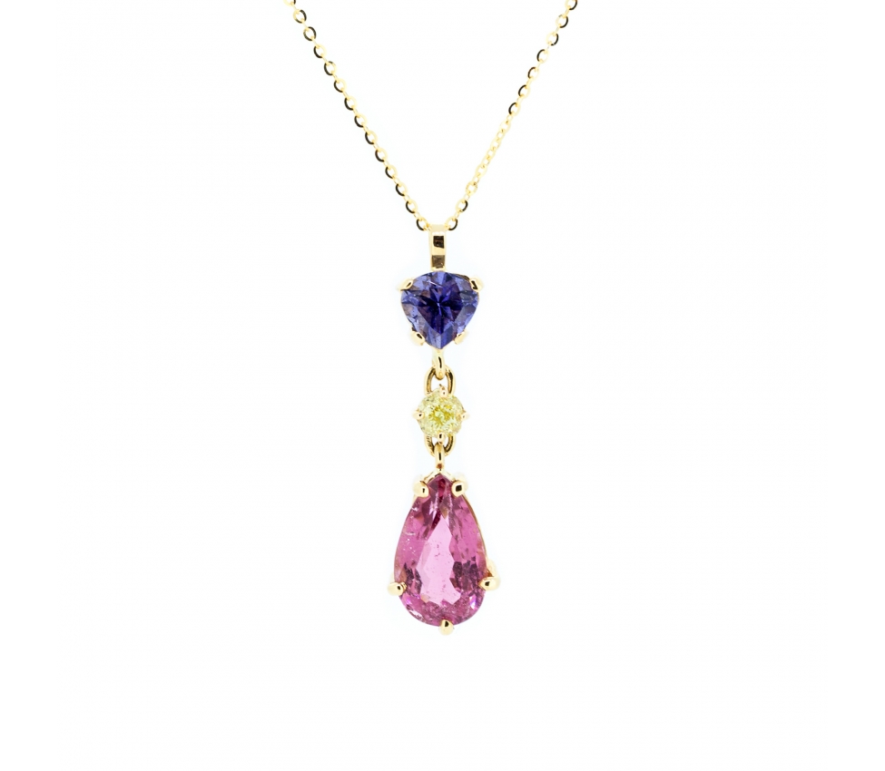 Gold tourmaline iolite and diamond necklace 45 cm - 1