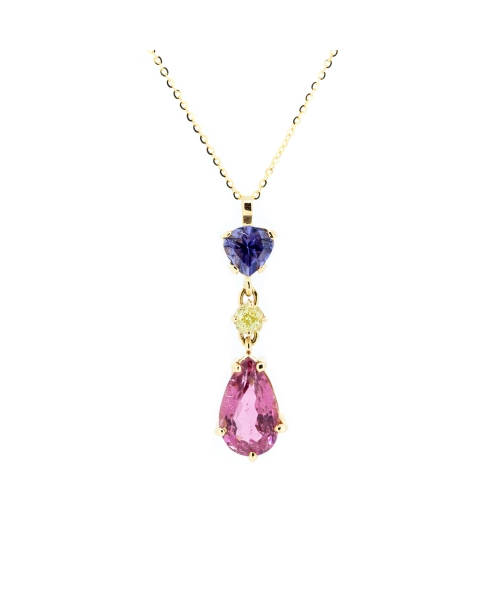 Gold tourmaline iolite and diamond necklace 45 cm - 1