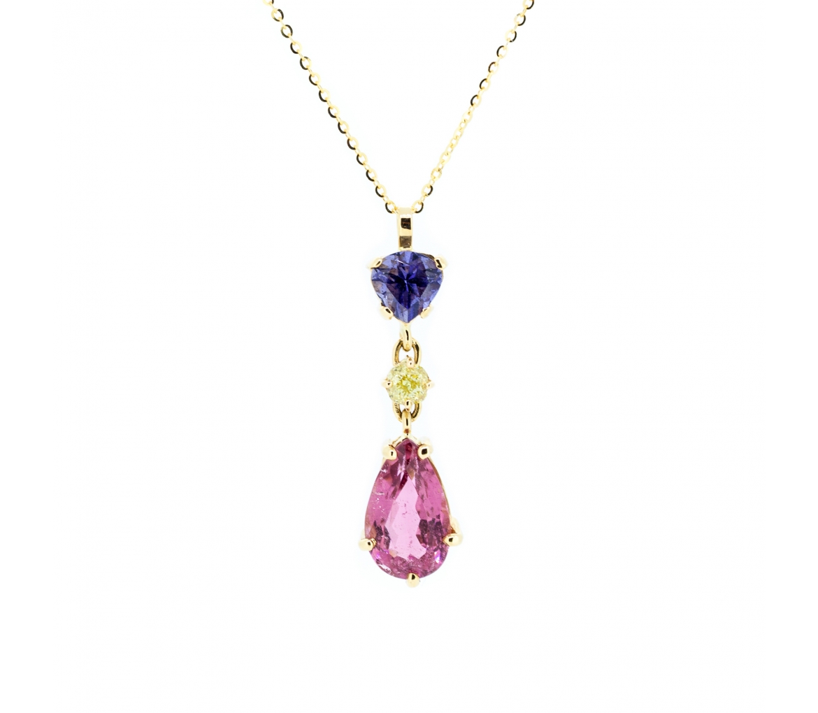 Gold tourmaline iolite and diamond necklace 45 cm - 1