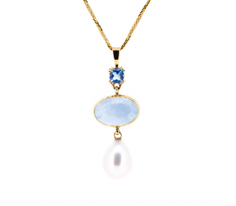 Aquamarine and pearl gold necklace 45 cm - 1