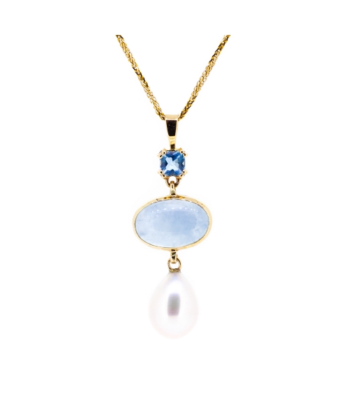 Aquamarine and pearl gold necklace 45 cm - 1