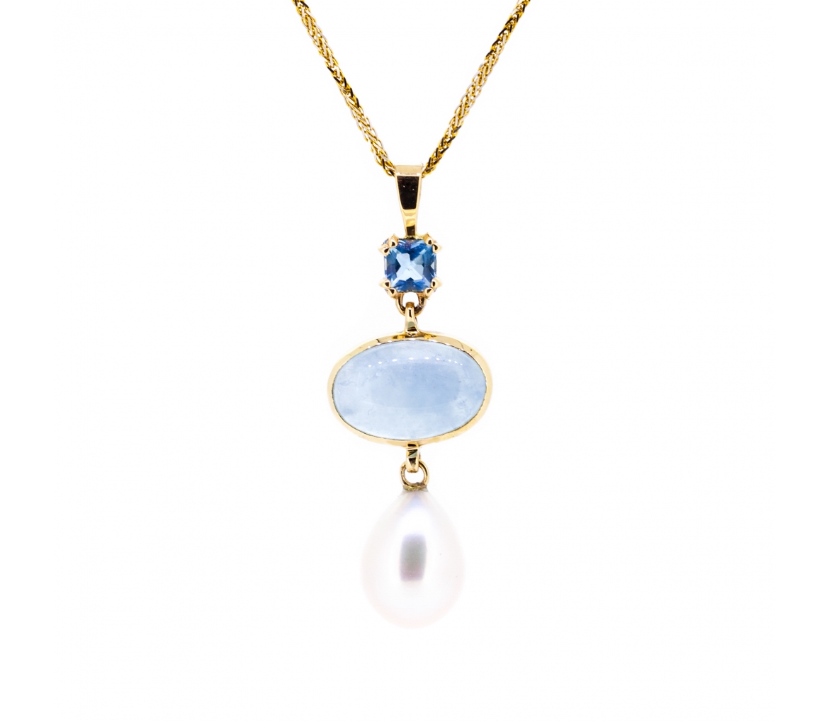 Aquamarine and pearl gold necklace 45 cm - 1