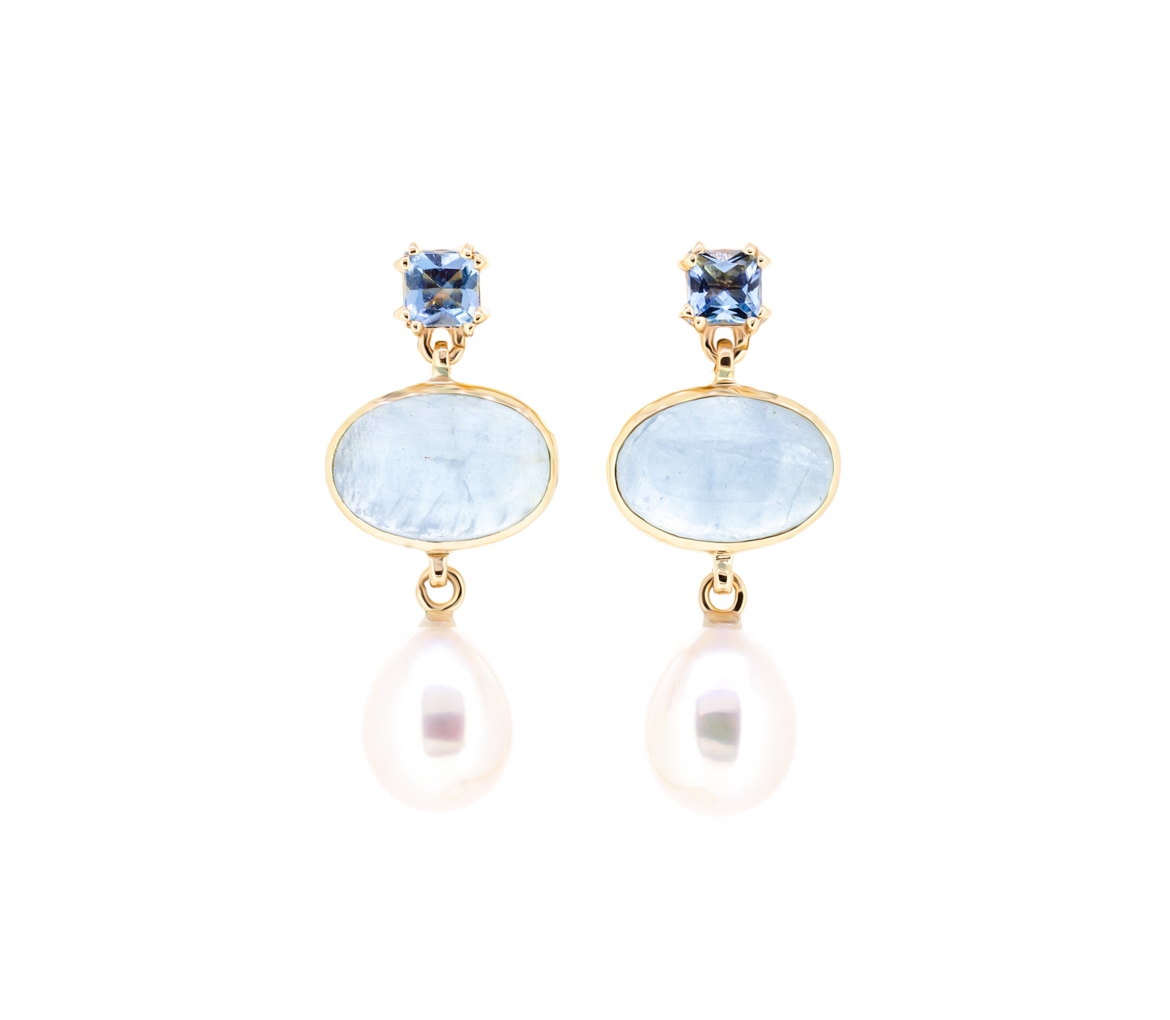 Gold stud earrings with aquamarine and pearls - 1