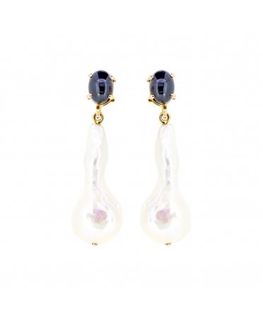 Gold stud earrings with baroqe pearl and sapphires - 1