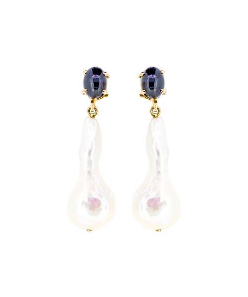 Gold stud earrings with baroqe pearl and sapphires - 1