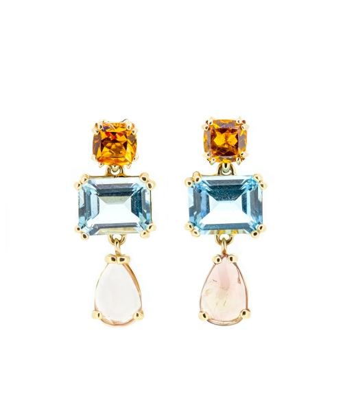 Gold stud earrings with citrines topaz and tourmaline - 1