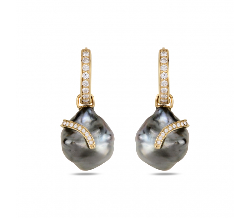 Gold earrings with Keshi Tahiti pearls and diamonds "Seafood II" - 1