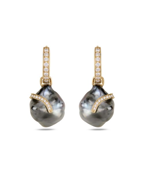 Gold earrings with Keshi Tahiti pearls and diamonds "Seafood II" - 1