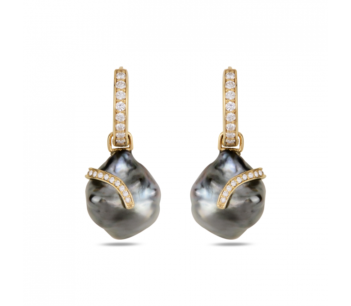 Gold earrings with Keshi Tahiti pearls and diamonds "Seafood II" - 1