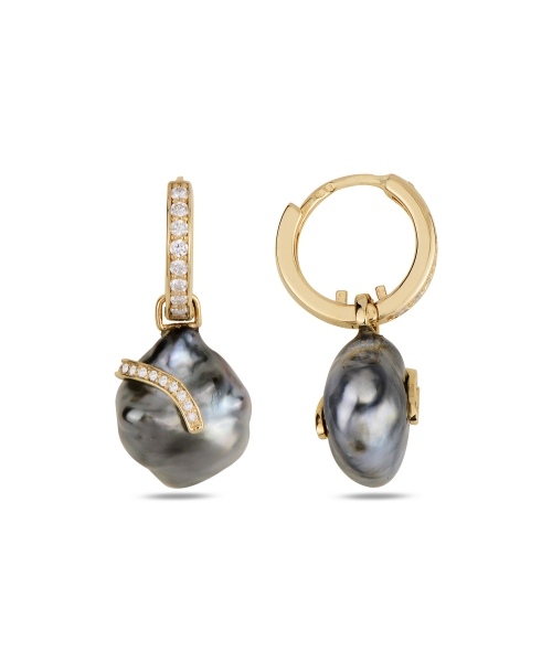 Gold earrings with Keshi Tahiti pearls and diamonds "Seafood II" - 2