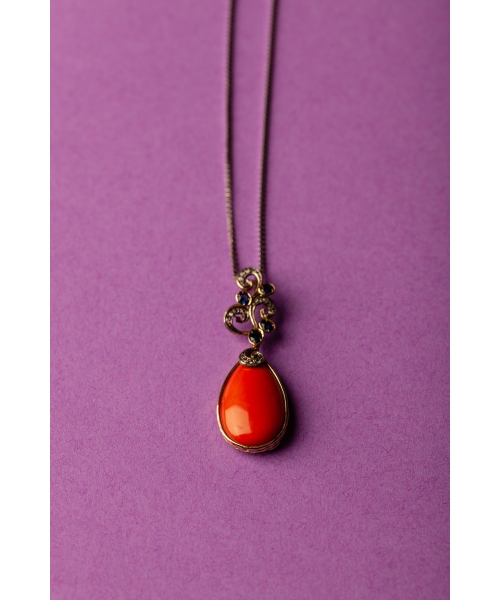 Gold vintage pendant with coral sapphires and diamonds - 2