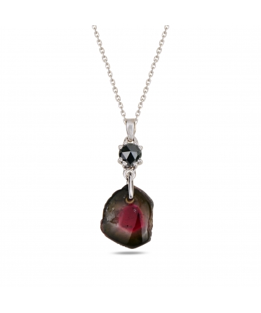 Gold pendant with black diamond and watermelon tourmaline - 1