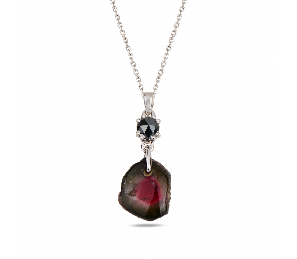 Gold pendant with black diamond and watermelon tourmaline - 1