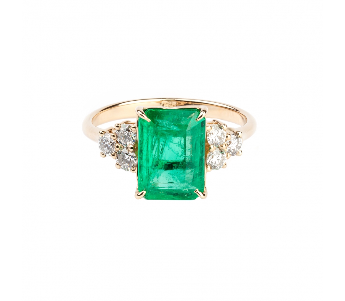 Gold ring with diamonds and Columbian emerald - 1