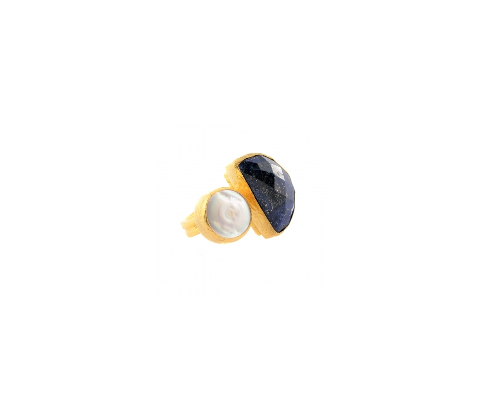 Goldplated bronze ring with pearl and lapis lazuli - 1