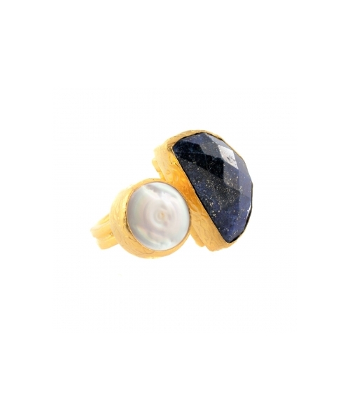 Goldplated bronze ring with pearl and lapis lazuli - 1