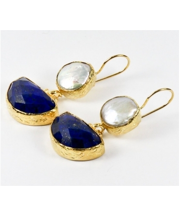 Goldplated bronze earrings with pearls and lapis lazuli - 1