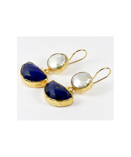 Goldplated bronze earrings with pearls and lapis lazuli - 1