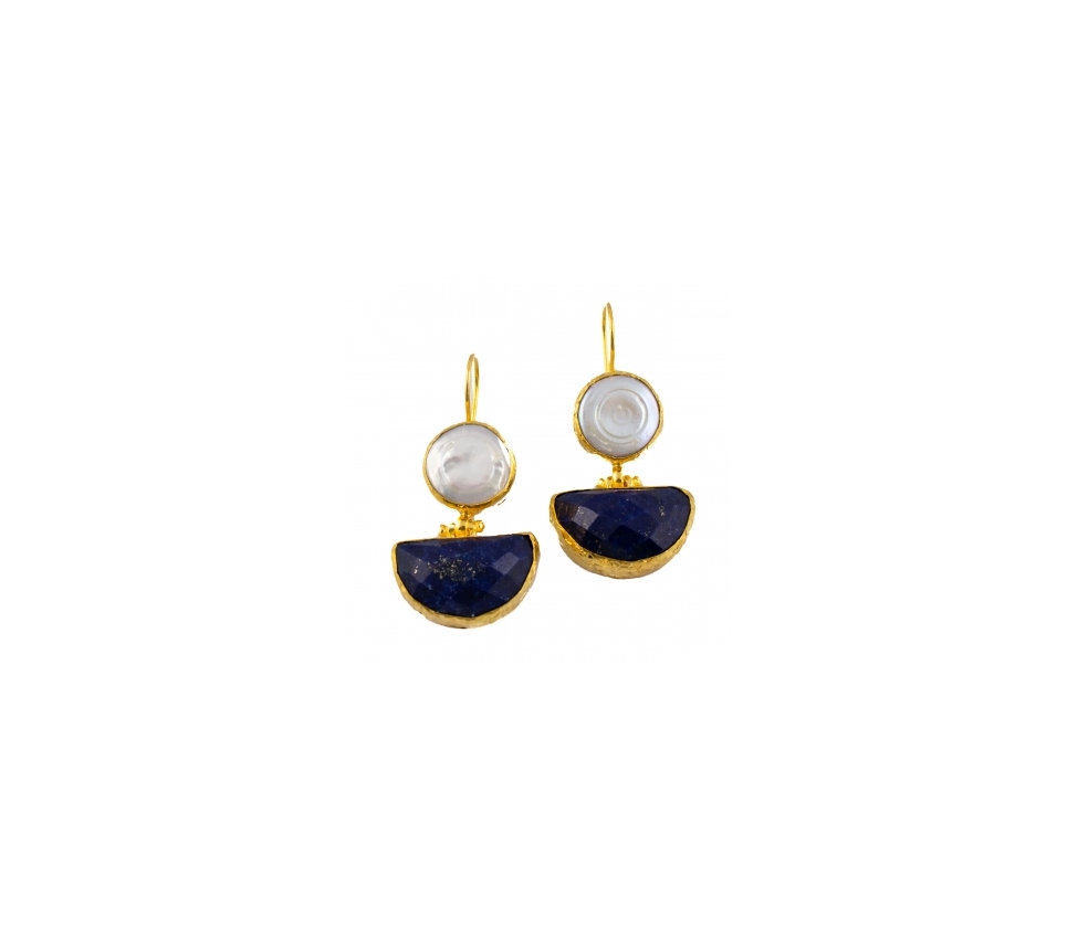 Goldplated bronze earrings with pearls and lapis lazuli - 2