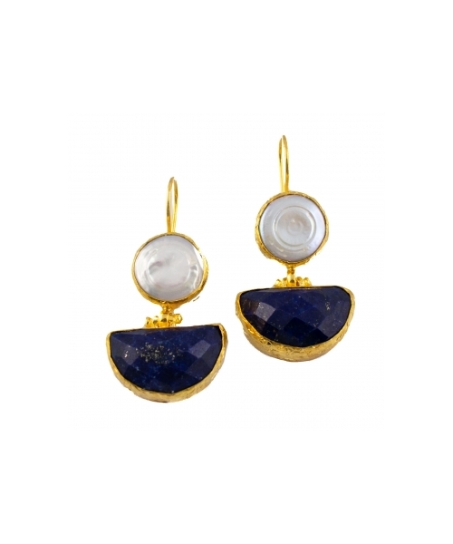 Goldplated bronze earrings with pearls and lapis lazuli - 2