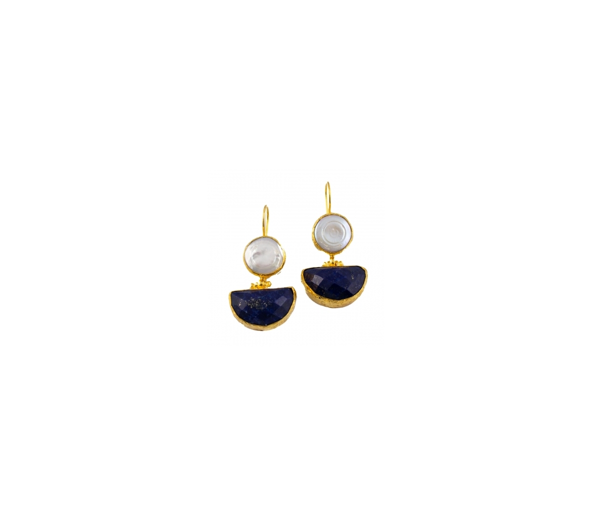 Goldplated bronze earrings with pearls and lapis lazuli - 2