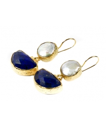 Goldplated bronze earrings with pearls and lapis lazuli - 3