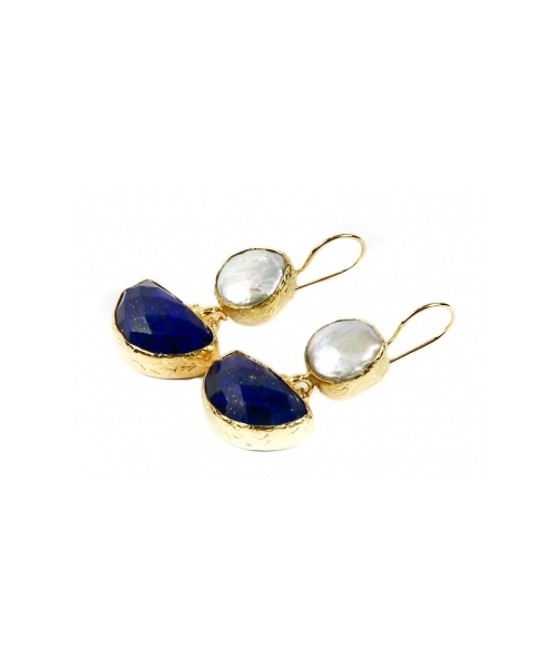 Goldplated bronze earrings with pearls and lapis lazuli - 3