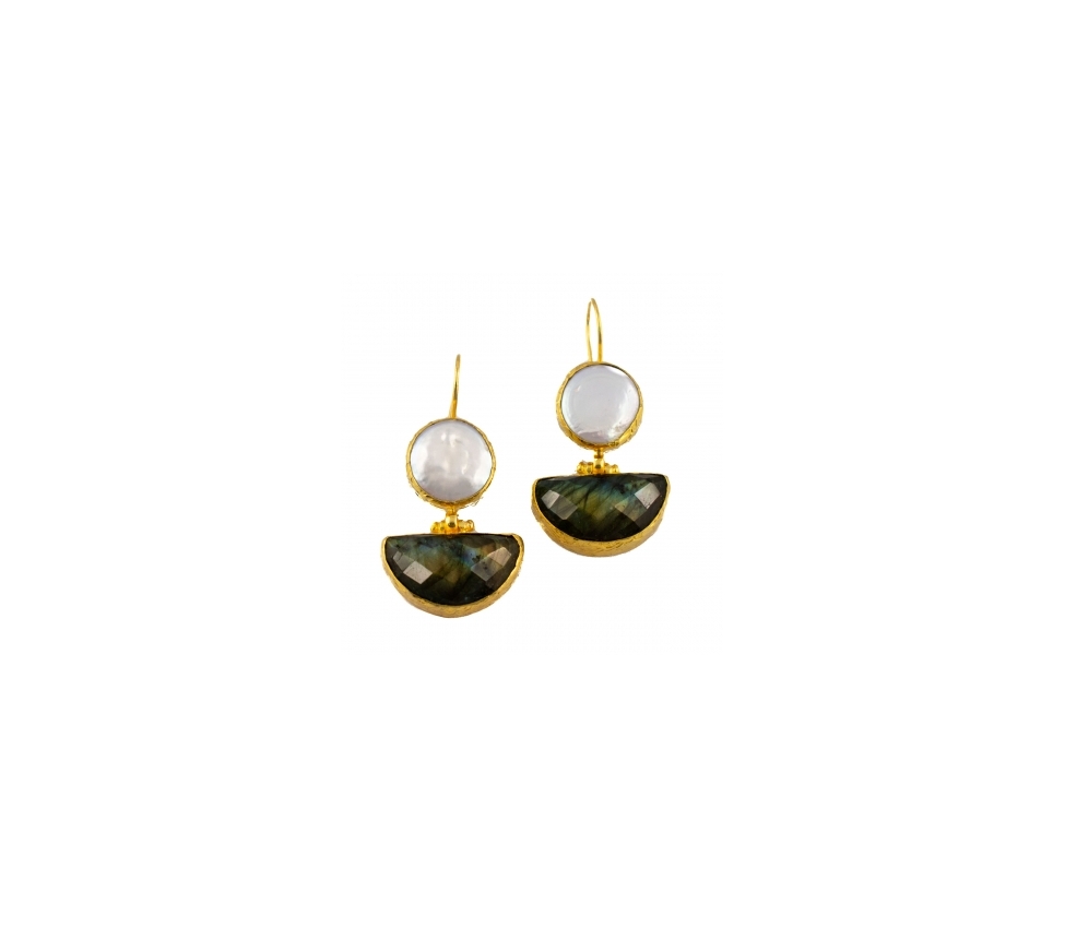 Goldplated bronze earrings with pearls and labradorite - 1