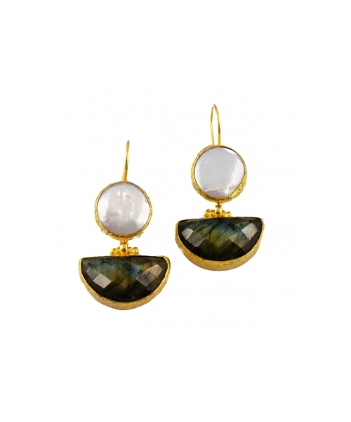 Goldplated bronze earrings with pearls and labradorite - 1