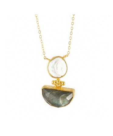 Goldplated bronze necklace with pearld and labradorite - 1