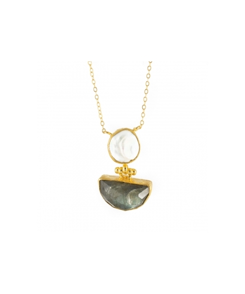 Goldplated bronze necklace with pearld and labradorite - 1