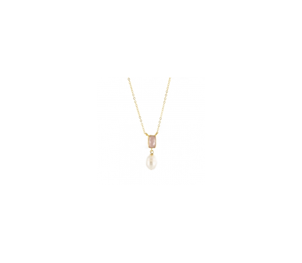 Goldplated bronze necklace with pearl and rose quartz - 1