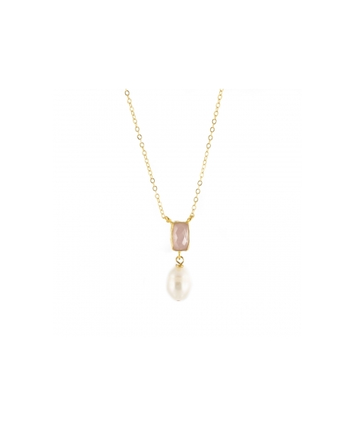 Goldplated bronze necklace with pearl and rose quartz - 1