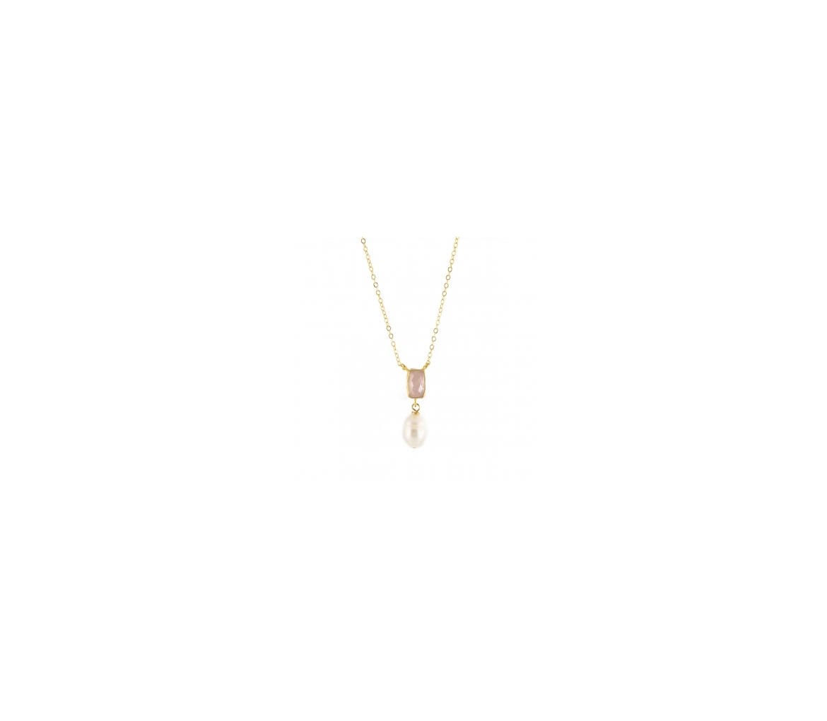 Goldplated bronze necklace with pearl and rose quartz - 1