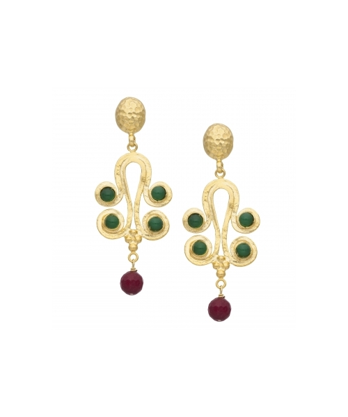 Goldplated bronze long earrings with jadeite - 1