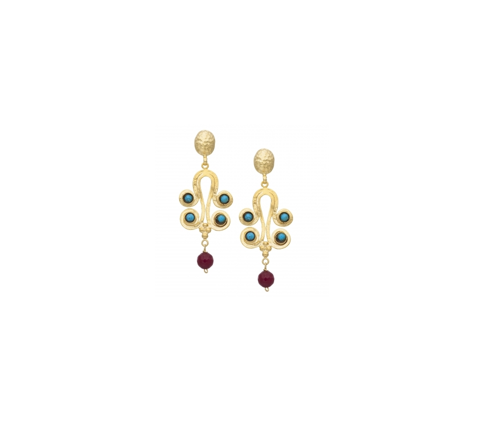 Goldplated bronze long earrings with turquoise and jadeite - 1