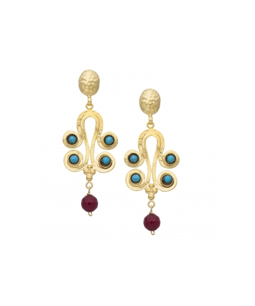 Goldplated bronze long earrings with turquoise and jadeite - 1