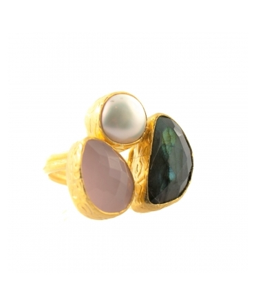 Goldplated bronze ring with pearl, labradorite and rose quartz - 1