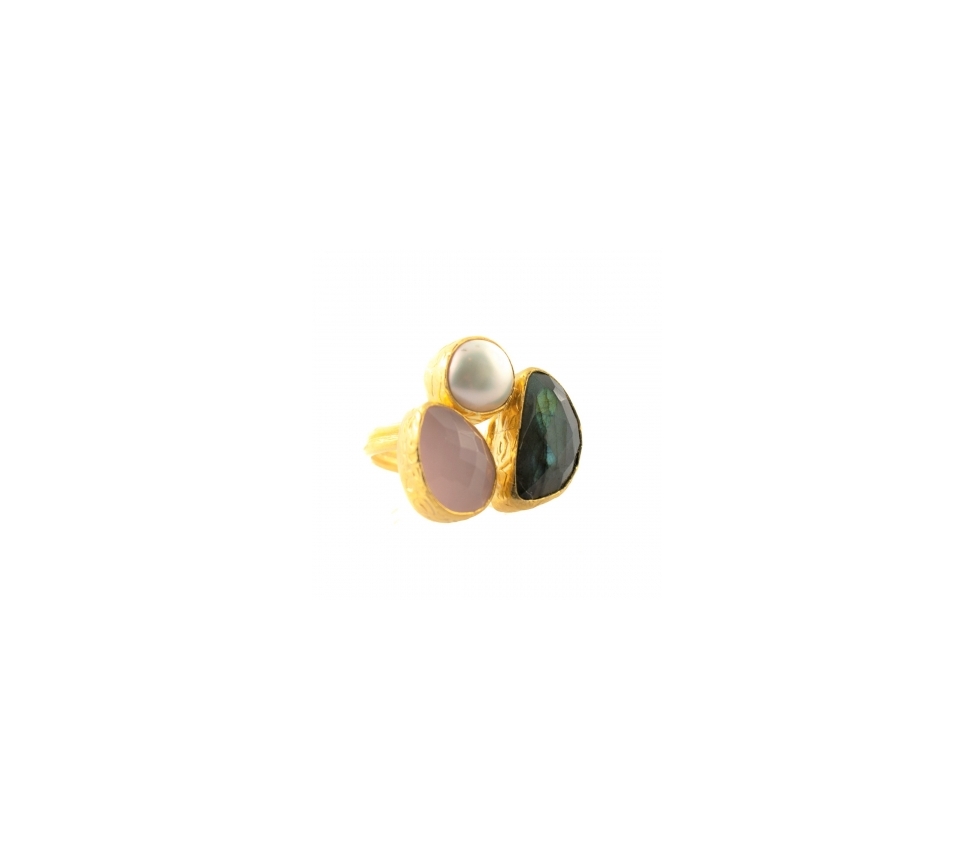 Goldplated bronze ring with pearl, labradorite and rose quartz - 1