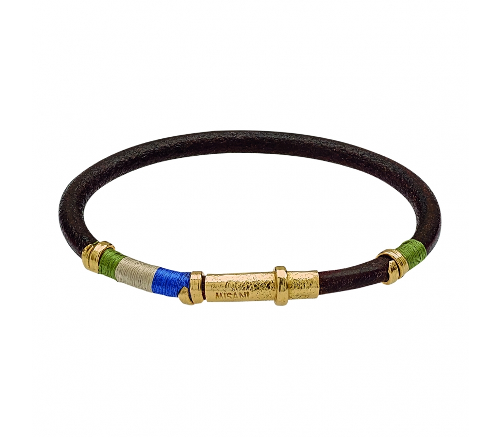 Leather bracelet with handmade gold elements and silk threads - 1