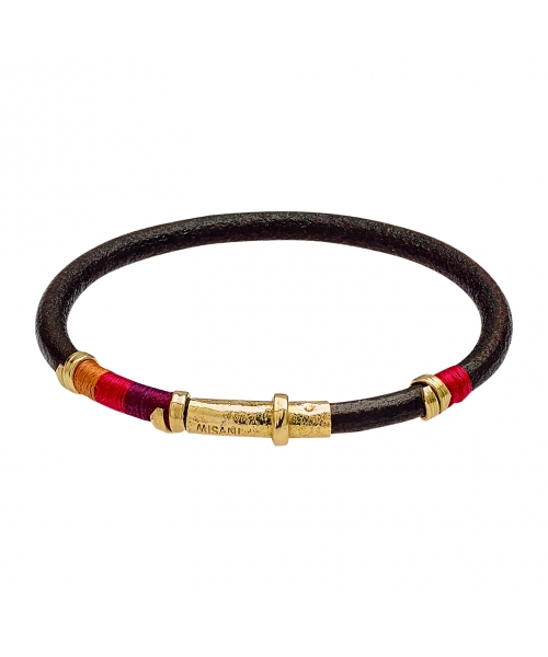 Leather bracelet with handmade gold elements and silk threads - 1