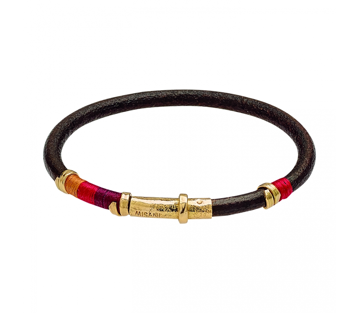 Leather bracelet with handmade gold elements and silk threads - 1