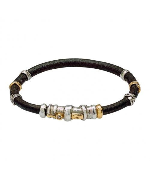 Leather bracelet with diamond and handmade gold and silver elements - 1