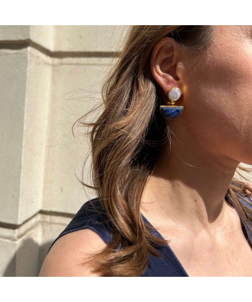 Goldplated bronze earrings with pearls and lapis lazuli - 2